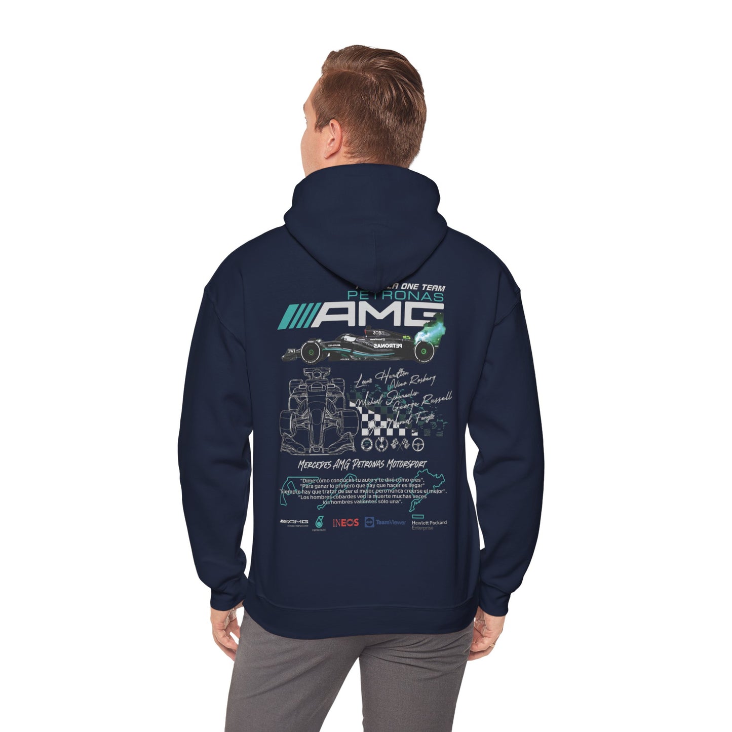 Back view of a premium navy hoodie featuring striking graphics from the Mercedes AMG Petronas F1 Racing Team, highlighting legendary driver signatures and a bold race car illustration.