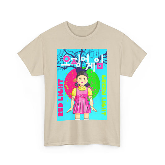 Elevate your style with the Squid Game unisex graphic cotton tee, showcasing a vibrant design of the red light green light character, an essential addition for those who embrace bold fashion.