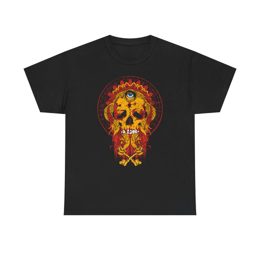 Luxury Infernal Monarch Skull Graphic Tee in Black, showcasing an exquisite skull design adorned with a regal crown headdress and a mystical eye, highlighted by dynamic flaming colors, ideal for a unique fashion statement.