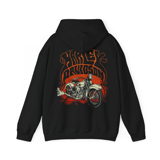 Luxury black vintage Harley Davidson hoodie featuring intricate back graphic of a classic motorcycle in bold orange and cream hues, designed for style and comfort.