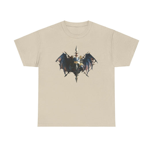 High-quality beige cotton tee showcasing a captivating warlord design with gothic aesthetics, suitable for a stylish unisex look. Ideal for casual outings or fantasy-themed gatherings.