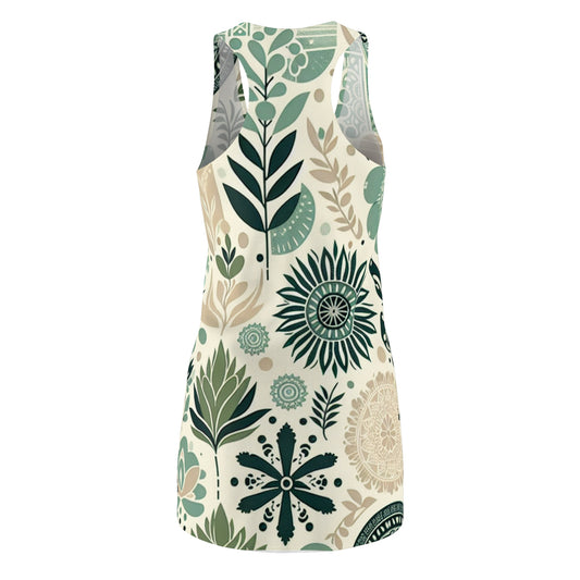 Reverse view of the Leilani Beaumont Pastel Green Racerback Dress, highlighting the unique block print design and organic shapes on a serene pastel green background.