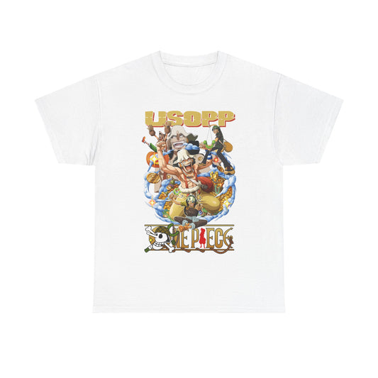 Elegant white t-shirt showcasing a stunning graphic design of Usopp alongside fellow characters from One Piece, complemented by bold golden lettering and a rich treasure backdrop.