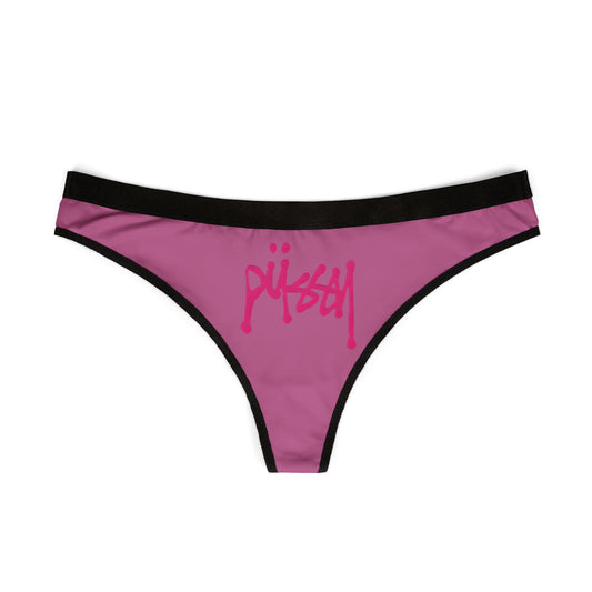 Elegant women's thong in vibrant pink with bold 'PUSSY' graphic, designed for confidence and empowerment in luxury lingerie.