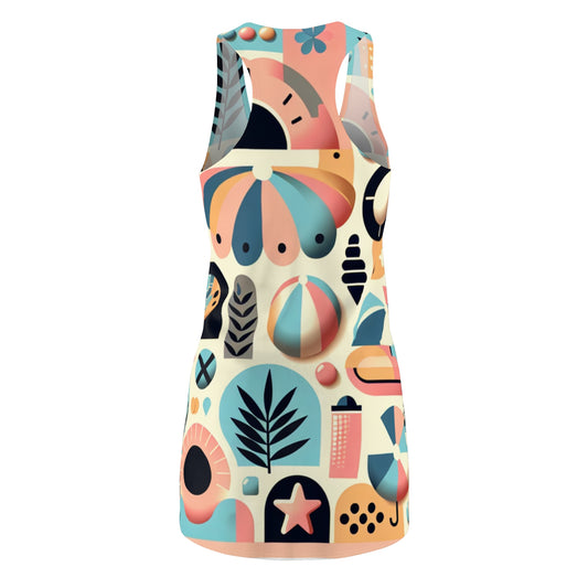 Close-up of Dazzling Dreams Summer Pastel Racerback Dress showcasing sun and seashell motifs, ideal for summer style.