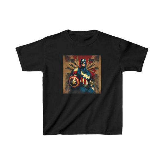 Kids Captain America Heavy Cotton T-Shirt in luxury black, featuring a vibrant graphic of Captain America, perfect for superhero adventures.