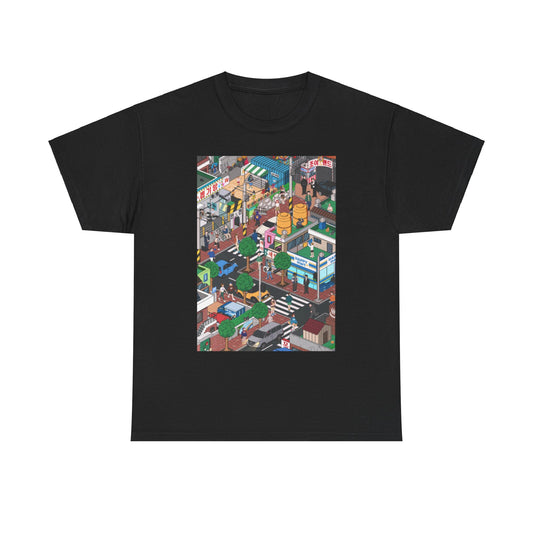 Luxurious graphic cotton t-shirt featuring a detailed urban street scene, inspired by the aesthetic of the popular series 'Squid Game', perfect for stylish enthusiasts of unique fashion.