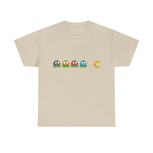 Teenage Mutant Ninja Turtles Pizza Pacman Graphic Unisex Tee Shirt in beige, designed with pixel art ghosts and a pizza icon, merging classic gaming culture with contemporary style.