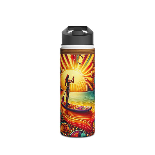 Luxury Fantasy Paddleboarding Stainless Steel Water Bottle showcasing an artistic illustration of a paddleboarder at sunset, ideal for stylish hydration enthusiasts.