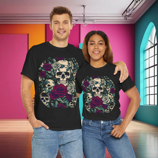 Elegant Skulls and Roses Cotton Tee in black, showcasing an eye-catching design with skulls and roses, modeled by a diverse couple in a chic indoor environment.