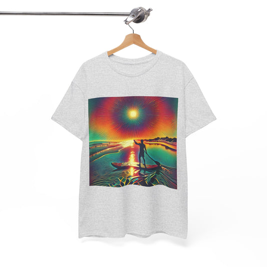 Stylish Delightful Paddle Board Adventure T-Shirt for Water Sports Enthusiasts hanging on a wooden hanger, featuring a stunning sunset paddleboarding graphic, available in multiple sizes.