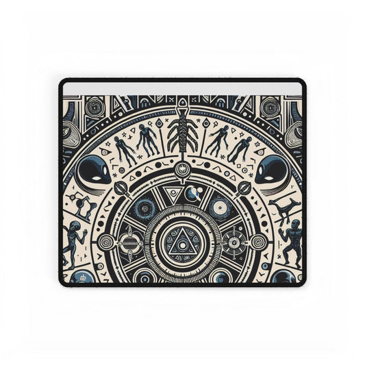 Detail of the Cosmic Hieroglyphic Tranquility Mat featuring intricate cosmic designs and alien imagery, perfect for a sophisticated desk environment.