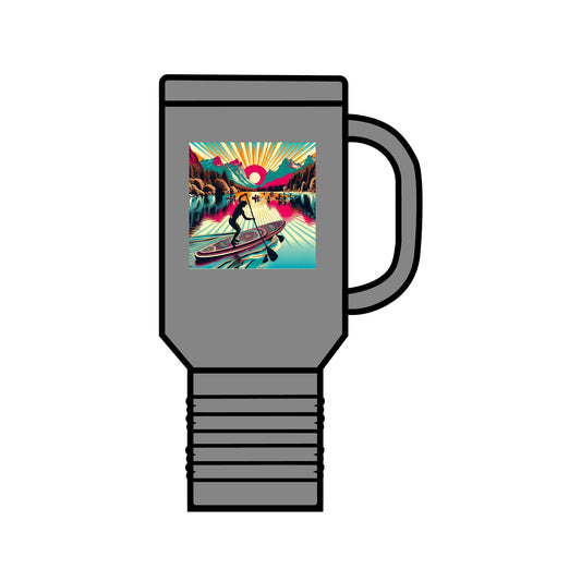 Luxury Fantasy Paddleboarding 40oz Insulated Travel Mug in grey featuring an artistic design of a paddleboarder at sunset, ideal for outdoor adventures.