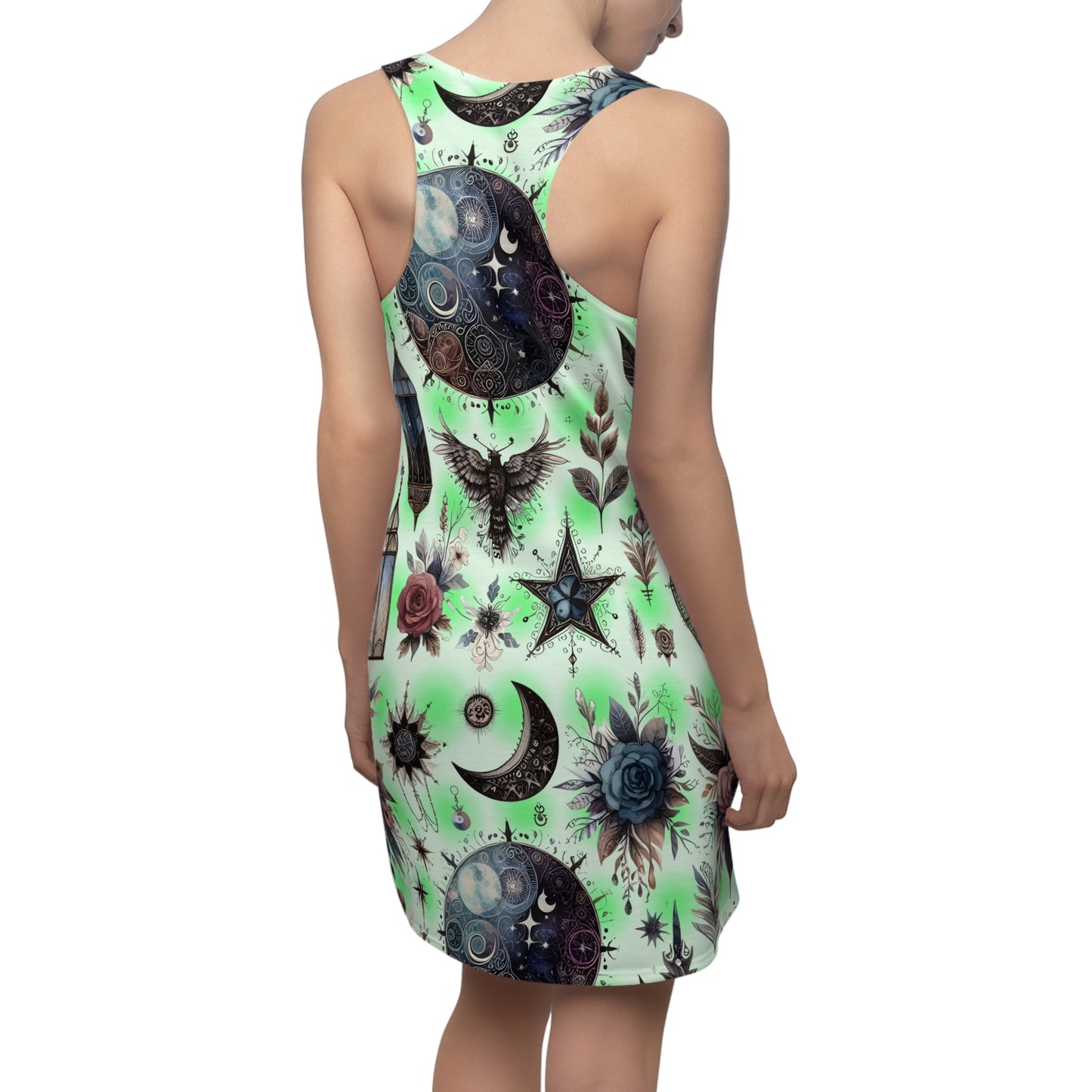 Back view of Women’s Chic Designer Racerback Dress showcasing an elegant green pattern with detailed graphics, perfect for sophisticated summer occasions.