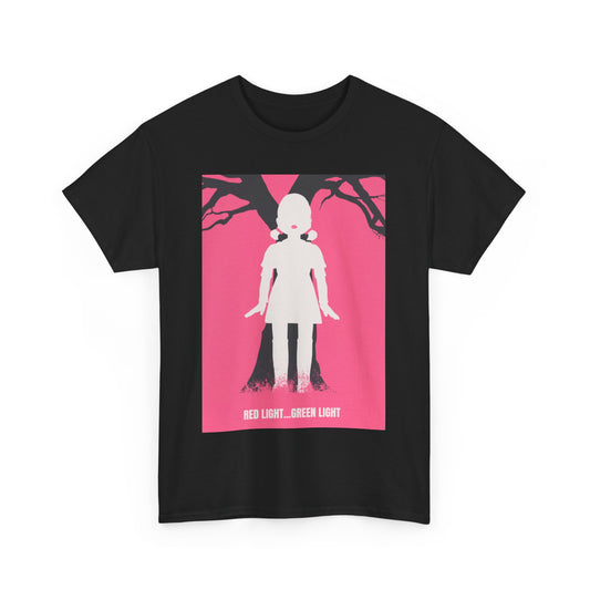 Squid Game Unisex Men’s Women’s Graphic Cotton Funny T Shirt Tee featuring an iconic design inspired by the Netflix series, showcasing a haunting silhouette against a vibrant pink background.