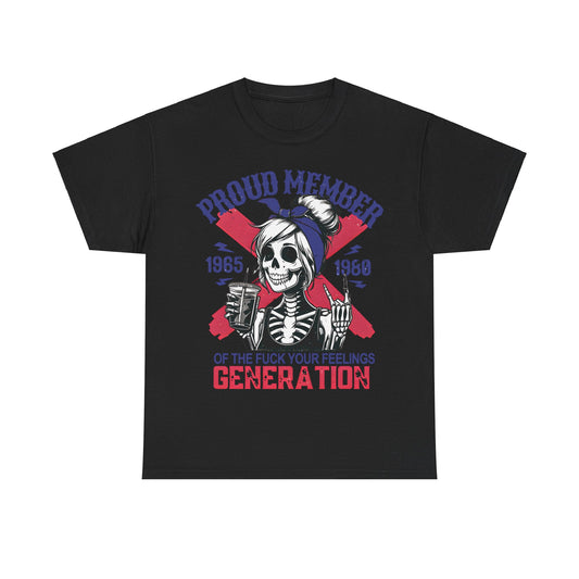 Luxury black Generation X Women’s Graphic T-Shirt showcasing a bold skeleton woman raising a glass, exuding rebellion and attitude, perfect for modern fashion enthusiasts.