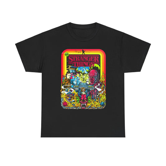 Premium quality Stranger Things unisex tee showcasing an intricate illustration of beloved characters and thrilling motifs in striking colours, designed for stylish nostalgia lovers.