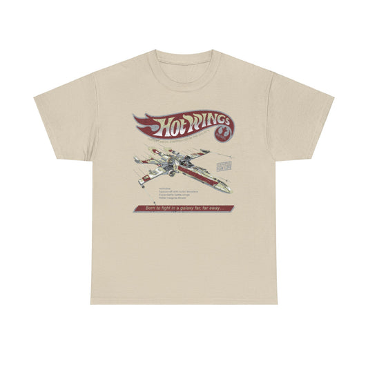 Chic Hot Wings Starfighter T-shirt with a distinguished graphic of a rebel starfighter, highlighting its design and unique features, perfect for stylish space enthusiasts.