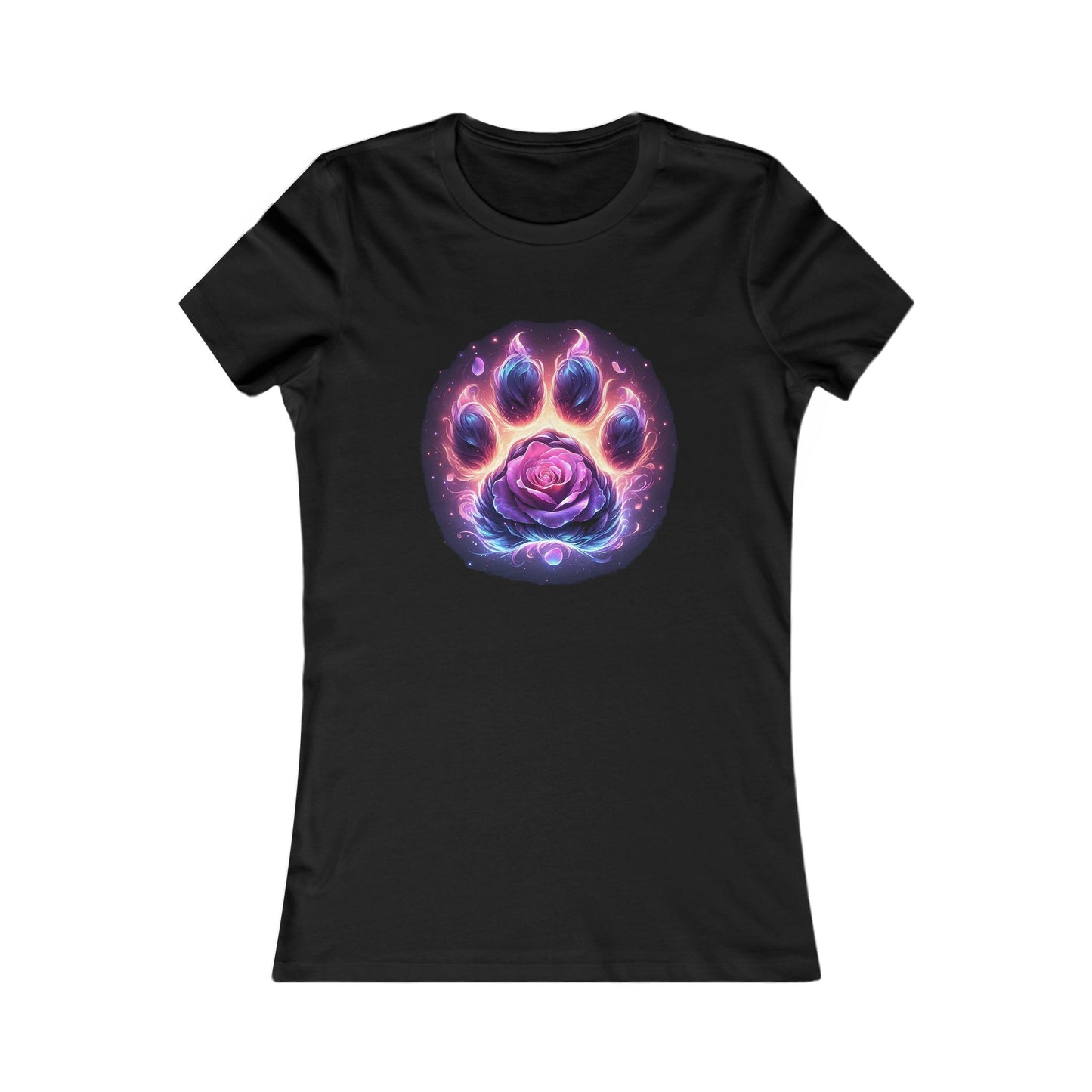 Enchanting Mystical Paw Print Graphic T-Shirt for Women featuring a vibrant cosmic design with a paw print and rose in shades of purple, blue, and pink on a black background, perfect for adding a touch of whimsy and style to any wardrobe.