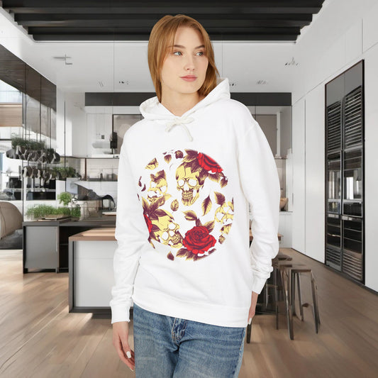 Unisex Lightweight Hooded Sweatshirt showcasing unique designer skull and roses design, worn by a woman in an elegant kitchen environment.