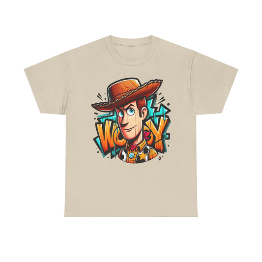 Woody Graffiti Style Unisex Graphic Tee, showcasing vibrant urban art inspired by Toy Story, featuring a striking illustration of Woody against a light beige backdrop.