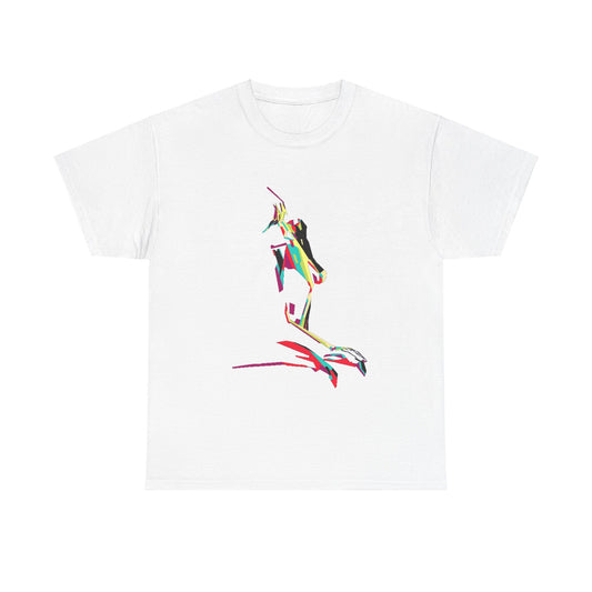 Chic white tee showcasing a unique pop art design, highlighting a multicoloured silhouette of a woman, perfect for artistic expression and bold fashion statements.