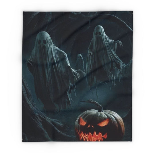 Decorative and Warm Halloween Spooky Arctic Fleece Blanket featuring ghostly apparitions and a menacing jack-o'-lantern, perfect for adding a touch of elegance to your Halloween decor.
