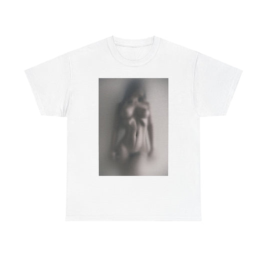 Sophisticated white cotton t-shirt adorned with a captivating soft focus graphic of a nude figure, highlighting an aesthetic blend of art and subtlety.