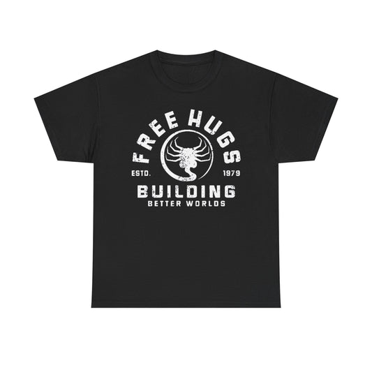 Elegant black men's t-shirt showcasing a striking white print of 'FREE HUGS' and 'BUILDING BETTER WORLDS' against a refined background, ideal for a chic casual look.