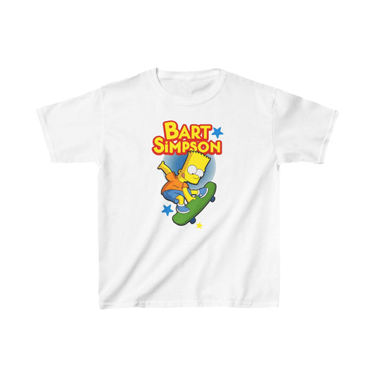 Unisex Kids Bart Simpson Cotton T-Shirt Tee in white, showcasing an artistic depiction of Bart Simpson on a skateboard, ideal for discerning young fashion enthusiasts.