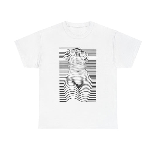 Sophisticated unisex white t-shirt with a chic optical illusion graphic design depicting a woman's form through intricate black and white lines, ideal for fashion-forward individuals seeking bold artistic expression.