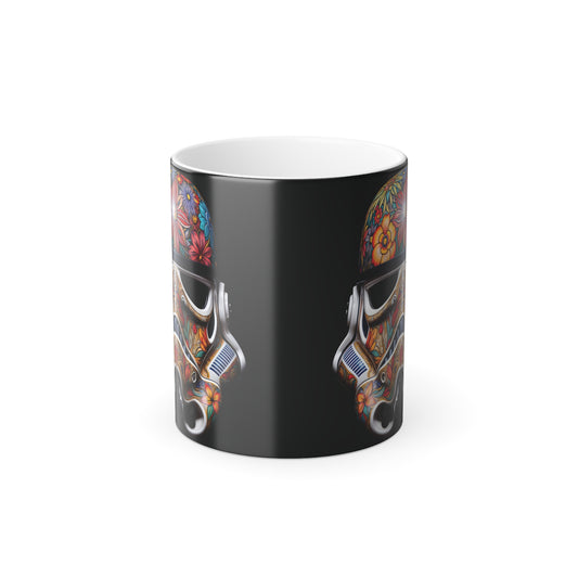 Artistic Stormtrooper Heat Change Mug showcasing a vibrant floral design, emphasizing its unique craftsmanship and pop culture appeal.