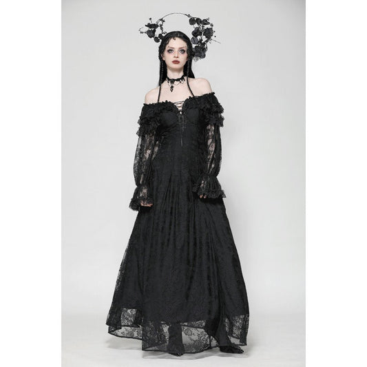Elegant Dark in Love Cosette Gothic Off-Shoulder Ruffle Maxi Dress showcasing flowing lace sleeves and playful spaghetti straps, perfect for gothic-inspired occasions.