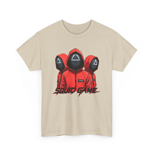 Luxury Squid Game Unisex Men’s Women’s Graphic Cotton Funny T Shirt Tee featuring three hauntingly elegant figures in red hooded garments with geometric masks.