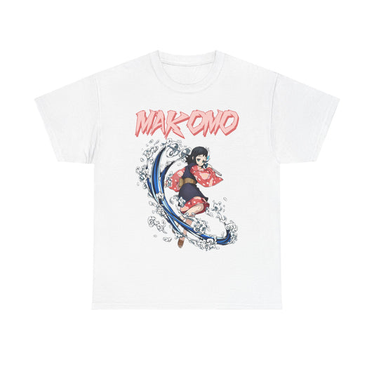 Elegant white Makomo anime T-shirt showcasing a vibrant illustration of the character in an action pose, surrounded by artistic water motifs and highlighted with distinctive pink typography.
