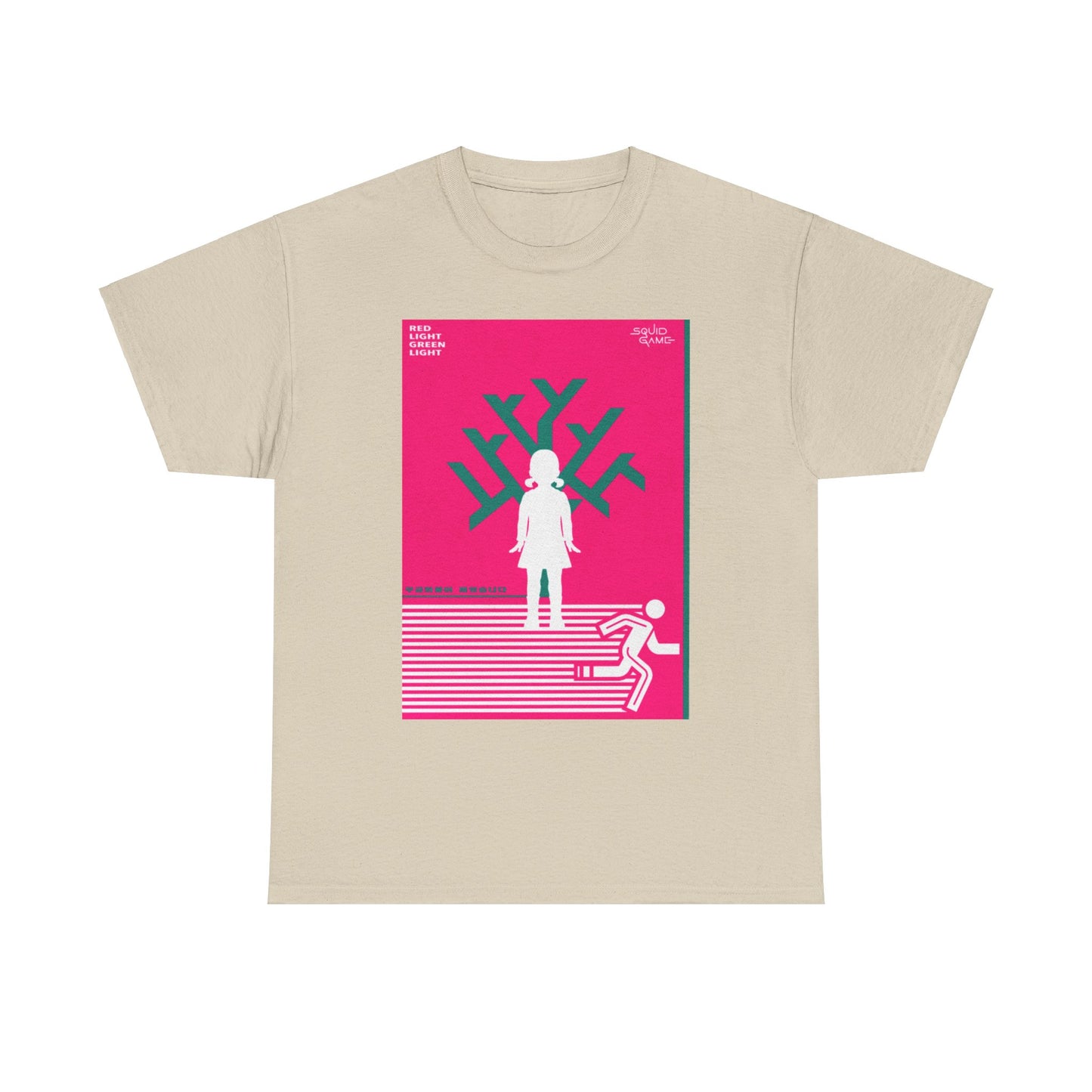 Elegant Squid Game graphic tee in cream, displaying a unique artistic design in pink and green that captures the essence of the series.