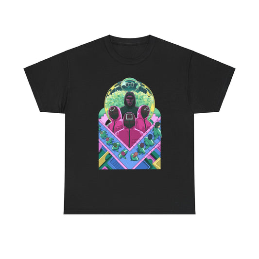 Elegant black unisex t-shirt with a striking graphic design reflecting the themes of survival and challenge, artistically illustrating essential characters against a colourful backdrop.