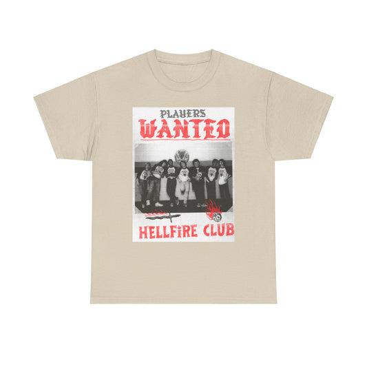 Elegant beige unisex tee showcasing the retro 'Hellfire Club' artwork with 'PLAYERS WANTED' in striking red, ideal for stylish enthusiasts of Stranger Things.