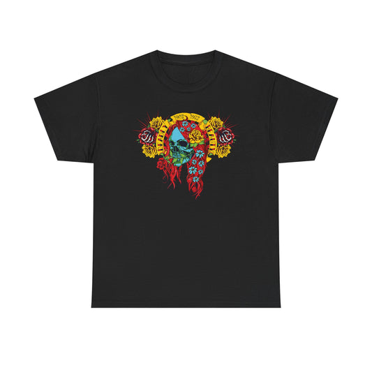 Elegant black t-shirt showcasing a striking skull graphic adorned with colourful flowers, a sophisticated expression of individuality and style.