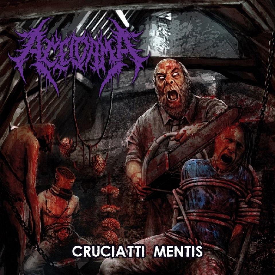 Luxury CD cover of 'Cruciatti Mentis' by Aceldama, released by Rancid Offal Records; featuring intricate design elements that reflect the brutal death metal genre.