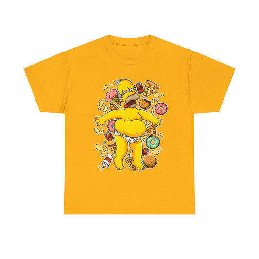 Homer's Gluttonous Glory Unisex Cotton Tee Graphic T Shirt showcasing a delightful depiction of Homer Simpson amidst a colourful feast of treats, presented on a bright yellow fabric.