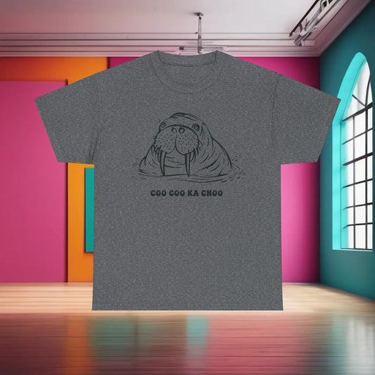 I Am the Walrus Graphic T-Shirt in grey featuring a detailed walrus illustration with the text 'COO COO KA CHOO', perfect for urban fashion enthusiasts.