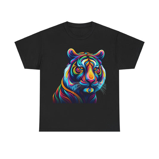 Tiger's Whimsy Graphic Unisex T-Shirt showcasing a stunning kaleidoscope tiger design in vivid hues on a black base, ideal for stylish geeks.