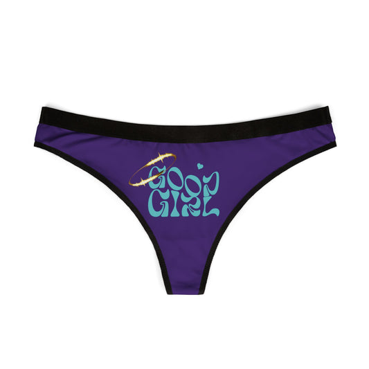 Stylish purple thong panties with 'Good Girl' graphic, perfect for adding a touch of playful elegance to your lingerie collection.
