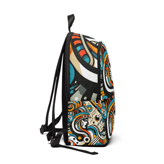 Side view of the Abstract Fusion Aesthetics Backpack, highlighting its elegant design and playful patterns, ideal for those seeking a unique fashion statement.