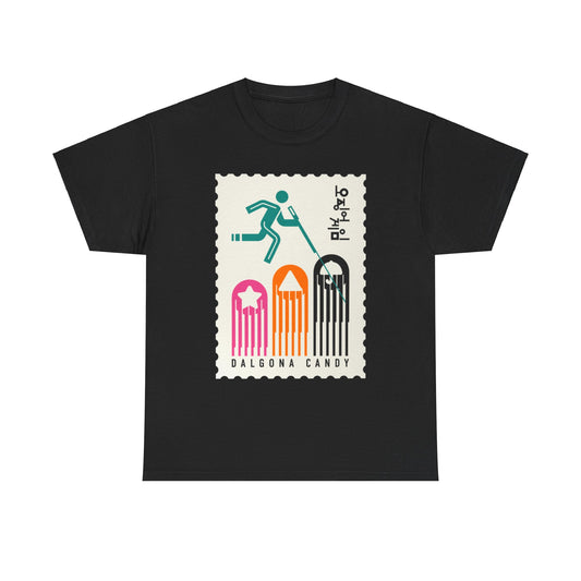 Sleek black unisex t-shirt displaying an artistic Dalgona candy theme, with bold colours and a contemporary design for a chic urban aesthetic.