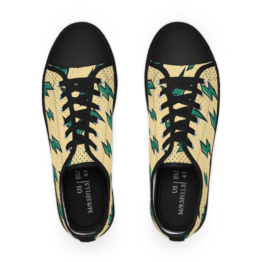 Top view of Electra Boltstrom Pop Art Men's Lowtop Sneakers featuring a beige base and vibrant green lightning bolt accents, ideal for fashion-forward individuals.