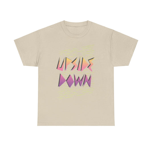 Stylish unisex beige t-shirt showcasing a striking 'UPSIDE DOWN' logo in dynamic colours, ideal for modern urban attire.