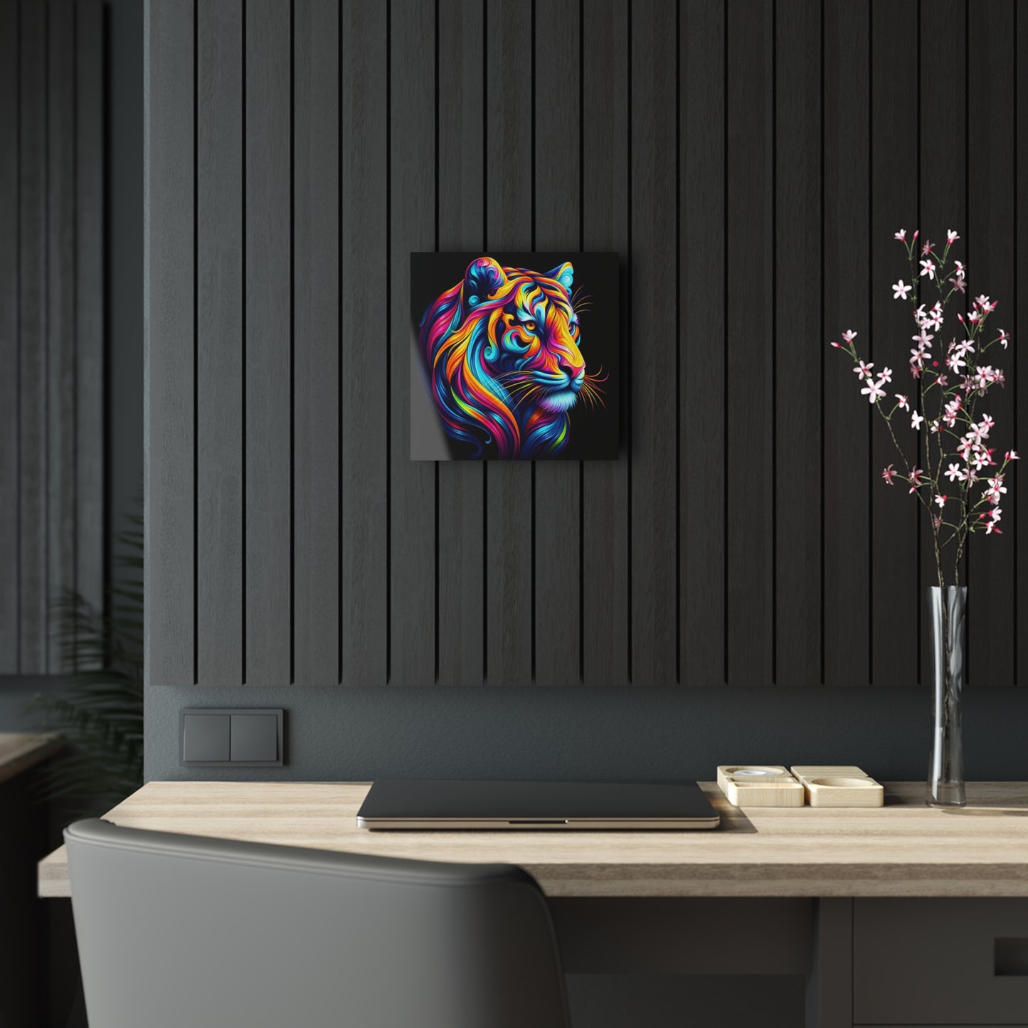 Stylish interior with Close-Up Tiger's Head Acrylic Print on display, enhancing a modern workspace with luxurious decor, highlighting vibrant colours and artistry.