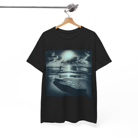 Elegant Paddle Board T-Shirt displayed on a hanger, showcasing a stunning paddleboarding design under a radiant sun, ideal for outdoor lovers.